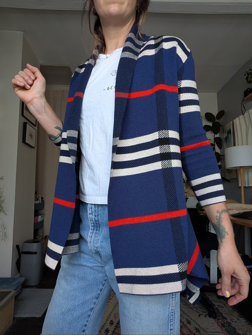 Burberry Lookalike Wool-Blend Plaid Open Cardigan